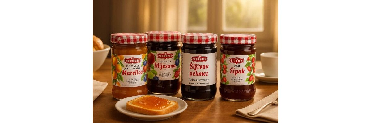 Genieße die köstliche Vielfalt der Podravka Konfitüren: Pflaumenmus, Hagebutte, Gemischtes Obst und Aprikose - Podravka Konfitüren – Pflaumenmus, Hagebutte, Gemischtes Obst und Aprikose | Natürlich köstlich