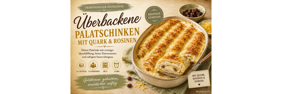 Überbackene Palatschinken mit Quark und Rosinen – Palačinke sa sirom i suhim grožđem - Überbackene Palatschinken mit Quark und Rosinen