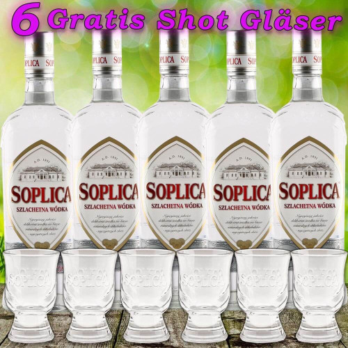 Soplica 5x Szlachetna Wodka Edel Vodka 40% vol. 500ml 5 Flaschen + 6 Original Gläser