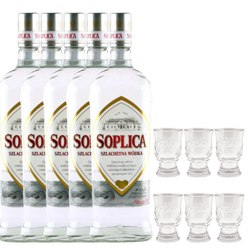 5x Soplica Szlachetna Wodka Edel Vodka 40% vol. 700ml + 6 Original Gläser