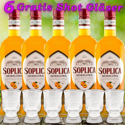 Soplica 5x Aprikose Likör Morelowa 28% vol. 500ml 5 Flaschen + 6 Original Gläser
