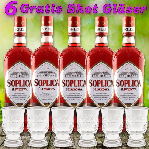 5x Soplica Pflaume Wodka Likör Sliwkowa Vodka 28% vol. 500ml + 6 Original Gläser