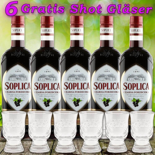 Soplica 5x schwarze Johannisbeere Wodka Czarna Porzeczka Vodka 28% vol. 500ml 5 Flaschen + 6 Original Gläser