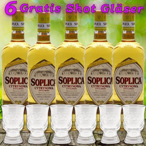 5x Soplica Zitrone Wodka Likör Cytrynowa Vodka 28% vol. 500ml + 6 Original Gläser
