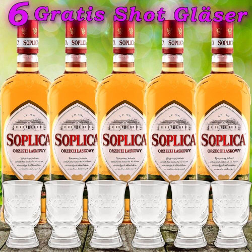 5x Soplica Haselnuss Wodka Likör Orzech Laskowy 28% vol. 500ml + 6 Original GLäser