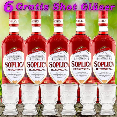 Soplica 5x Erdbeer Likör Truskawkowa 28% vol. 500ml 5 Flaschen + 6 Original Gläser