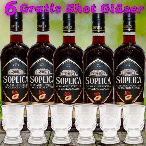 Soplica 5x mit Haselnuss in Schokolade Likör 25% Vol. 500ml 5 Flaschen + 6 Original Gläser