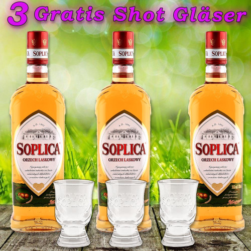 3x Soplica Haselnuss Wodka Likör Orzech Laskowy 28% vol. 500ml + 3 GLäser Gratis