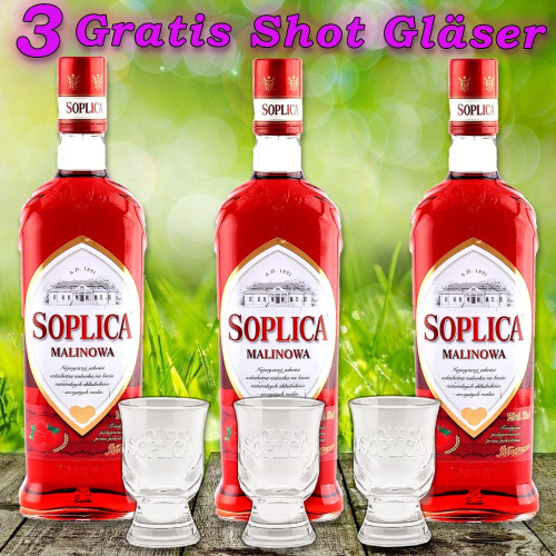 3x Soplica Himbeere Wodka Likör Malinowa Vodka 28% vol. 500ml + 3 Gläser Gratis