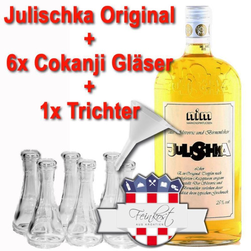 Julischka Nim 25%vol. (Birnenlikör & Sljivovica sliwovitz) Mix 1L +6 Cokanji Gläser +1 Trichter