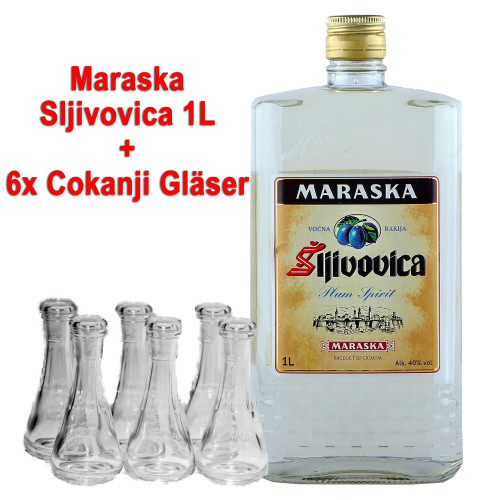 Sljivovica alter Sliwowitz 1,0L Maraska Pflaumenbrand Kroatien +6 Cokanji Gläser