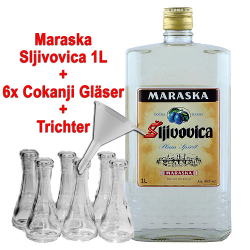 Sljivovica alter Sliwowitz 40%vol. Maraska 1,0L +6 Cokanji Gläser +1 Trichter