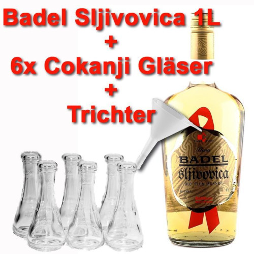 Sljivovica alter Sliwowitz 40%vol. Badel 1L Pflaumenbrand +6 Cokanji +1 Trichter