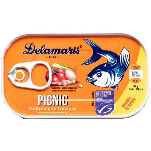 Delamaris Makrele Picnic mit weißen Bohnen in Tomatensoße 125g
