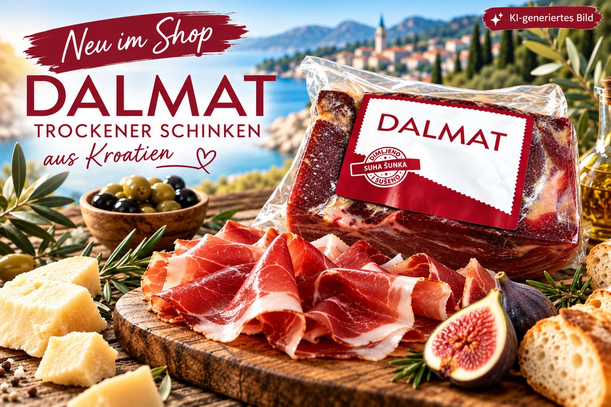 DALMAT trockener Schinken von Pršut Voštane – neu im Shop DALMAT trockener Schinken aus Kroatien von Pršut Voštane mit Schinkenscheiben, Oliven, Käse und Feigen – neu bei Feinkost aus Kroatien