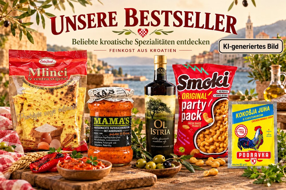 Unsere Bestseller bei Feinkost aus Kroatien mit Mlinci, Mama's Ajvar, Ol Istria Olivenöl, Smoki und Podravka Suppe