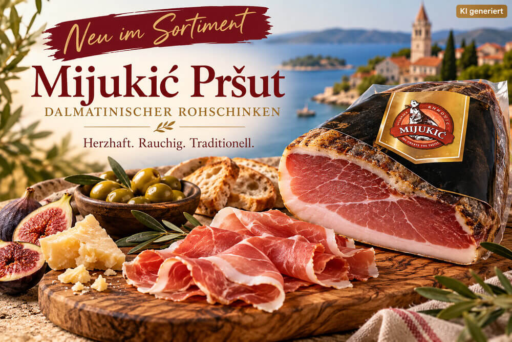 Mijukić Pršut – geräucherter dalmatinischer Rohschinken mit dünn geschnittenen Schinkenscheiben, Oliven, Käse und Feigen vor mediterraner Küstenkulisse.
