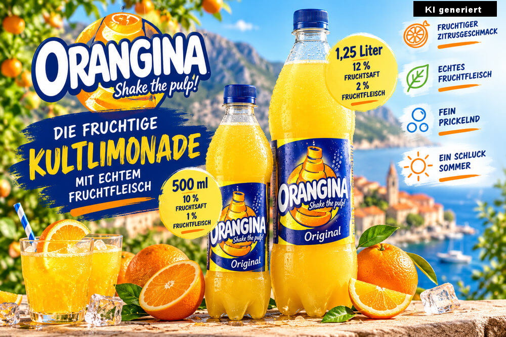 Orangina Original in 500-ml- und 1,25-Liter-Flaschen mit echtem Fruchtfleisch, frischen Orangen und einem Glas Orangenlimonade vor mediterraner Kulisse.
