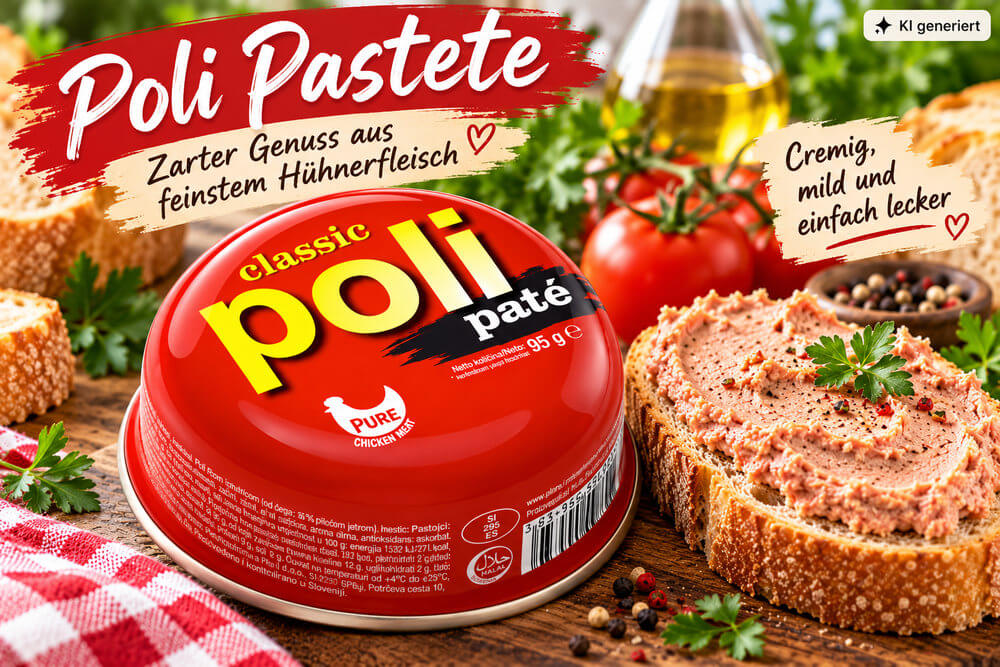 Poli Pastete Classic 95 g – cremige Hühnerpastete in roter Dose mit frisch bestrichenem Bauernbrot, Tomaten und Kräutern. Werbebild, KI-generiert.