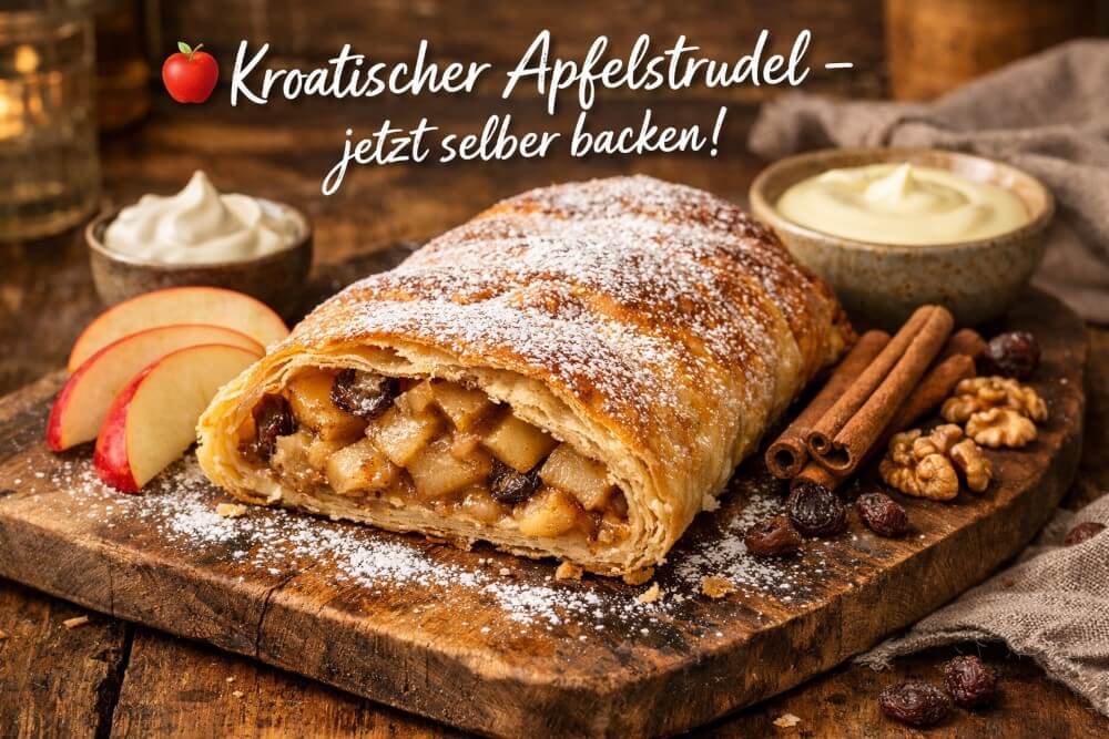 Kroatischer Apfelstrudel Štrudla od jabuka mit Puderzucker auf weißem Teller
