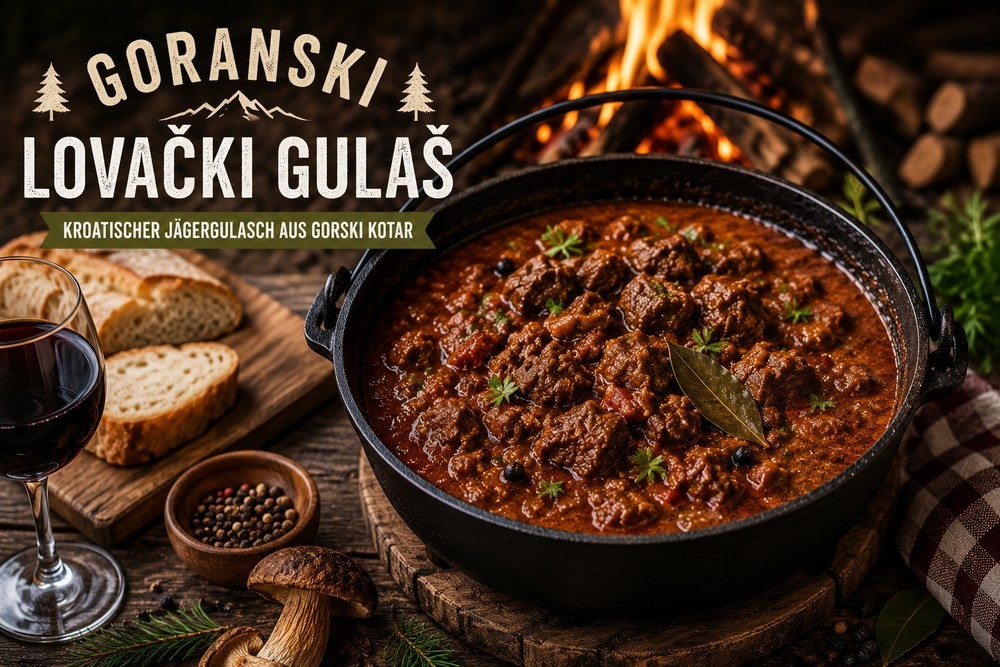 Goranski lovački gulaš im schwarzen Kessel mit Wildfleisch, kräftiger Sauce, Lorbeer, Wacholder und Brot