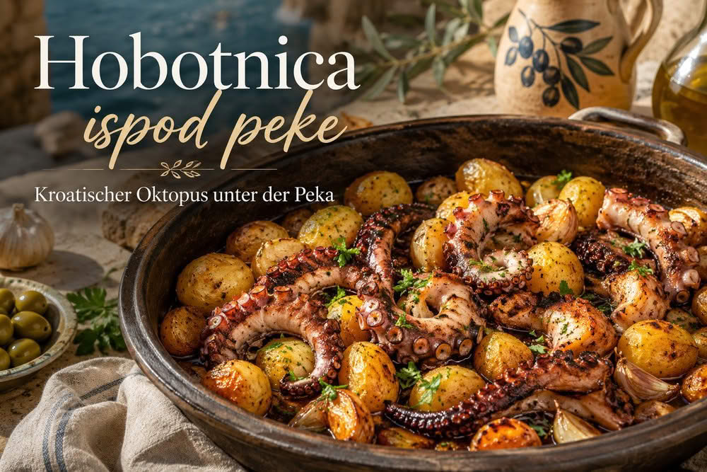 Hobotnica ispod peke – kroatischer Oktopus unter der Peka mit jungen Kartoffeln, Knoblauch, Olivenöl, Weißwein und Petersilie