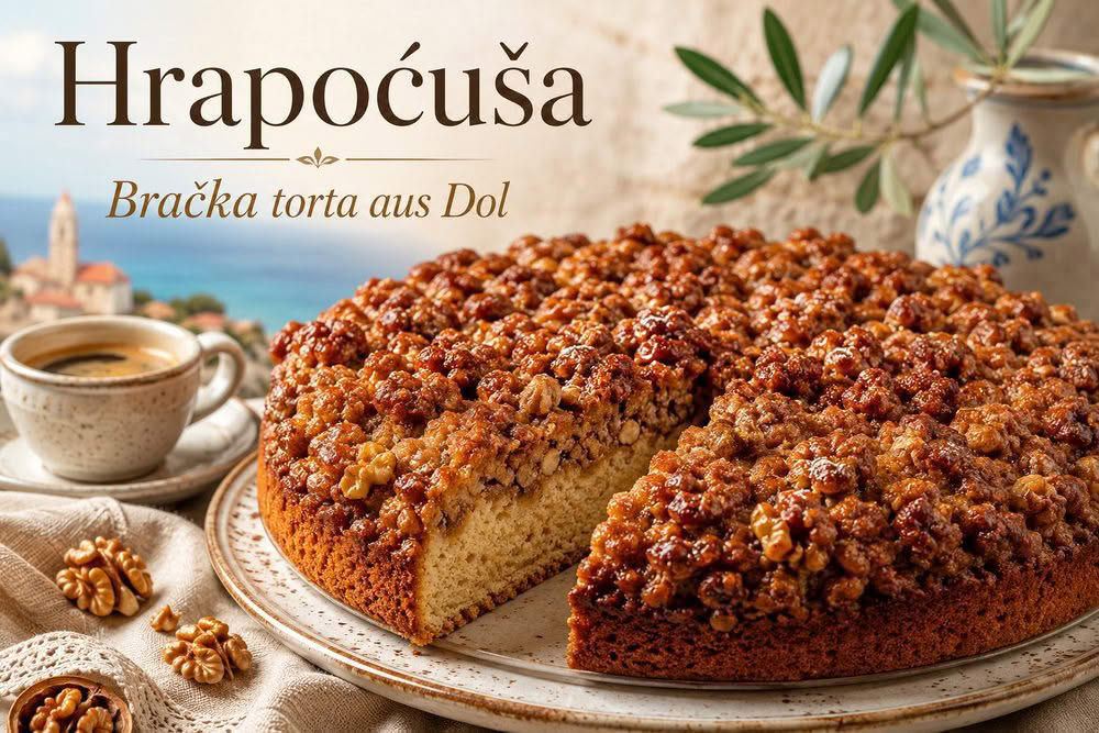 Hrapoćuša – traditionelle Bračka torta aus Dol auf Brač mit Biskuitboden und karamellisierter Walnuss-Schicht