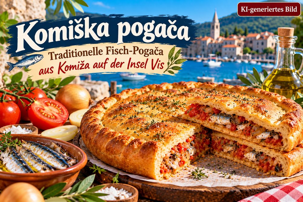 Komiška pogača aus Komiža auf der Insel Vis mit Tomaten, Zwiebeln und gesalzenem Fisch