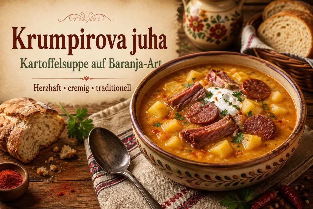 Krumpirova juha na baranjski način – kroatische Kartoffelsuppe aus Baranja mit Kartoffeln, geräuchertem Fleisch, Wurst, Sauerrahm und Paprika