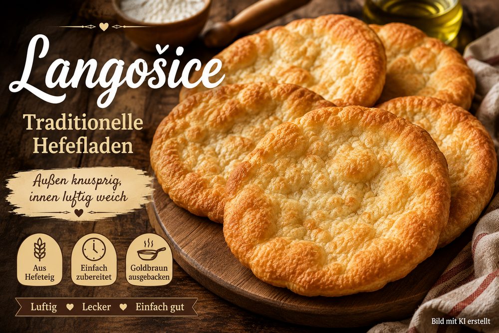 Langošice – goldbraune kroatische Hefefladen mit Knoblauch, Sauerrahm, Käse und Ajvar