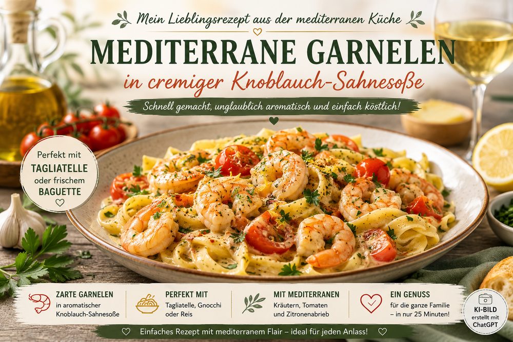 Mediterrane Garnelen in cremiger Knoblauch-Sahnesauce mit Kirschtomaten und Tagliatelle