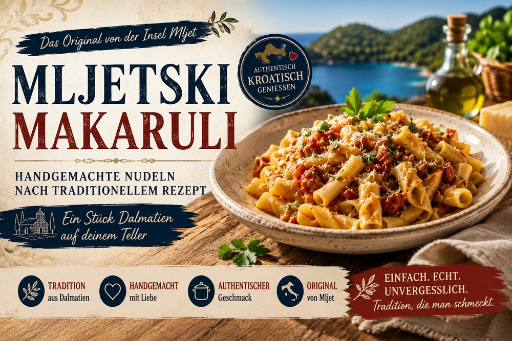 Mljetski makaruli – traditionelle handgemachte Nudeln von der kroatischen Insel Mljet mit Käse, Knoblauch, Thymian und Olivenöl
