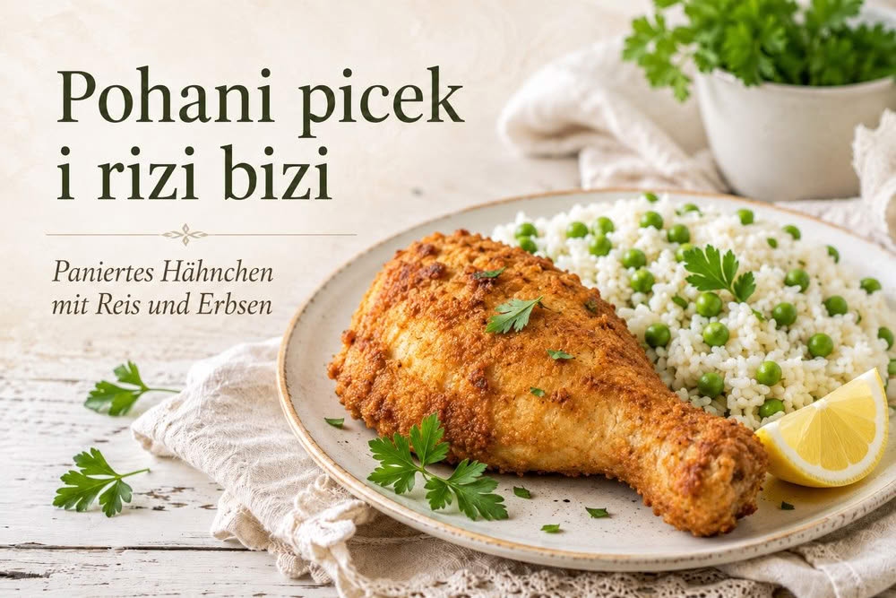 Pohani picek i rizi bizi – paniertes Hähnchen mit Reis und Erbsen