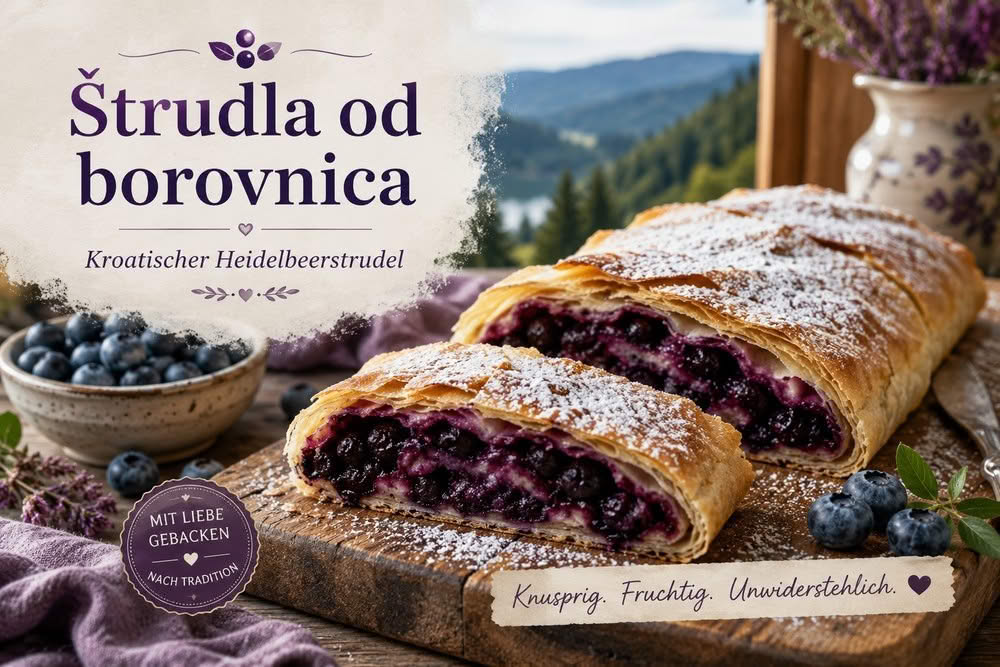 Štrudla od borovnica Rezept – kroatischer Heidelbeerstrudel mit Heidelbeeren und Puderzucker