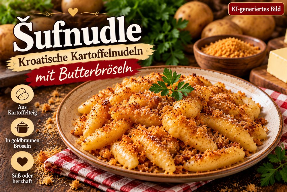 Hausgemachte Šufnudle aus Kartoffelteig mit goldbraun gerösteten Butterbröseln