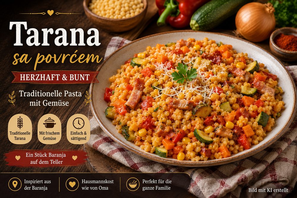 Tarana sa povrćem mit Paprika, Zucchini, Karotten, Mais und geräuchertem Schweinefleisch