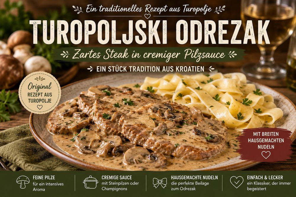 Turopoljski odrezak – Kalbs- oder Schweinesteak in cremiger Pilzsauce mit breiten Nudeln