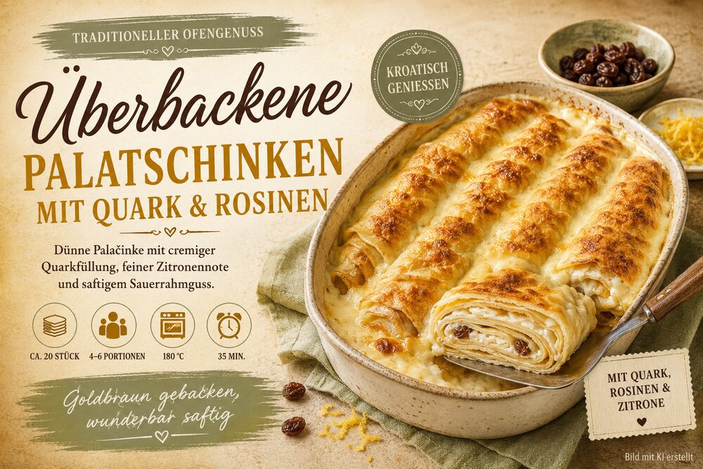 Überbackene Palatschinken mit Quark, Rosinen und Sauerrahmguss