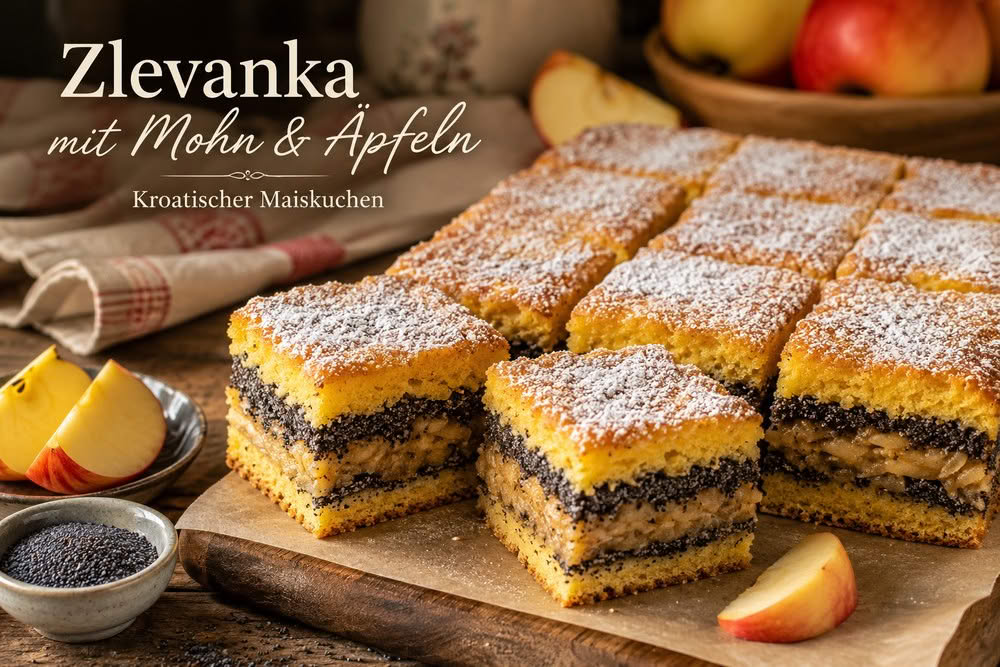 Zlevanka mit Mohn und Äpfeln – kroatischer Maiskuchen mit saftiger Apfel-Mohn-Füllung und Puderzucker