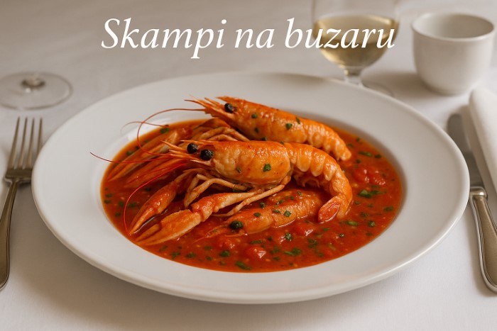 Skampi na buzaru = Scampi in Tomaten-Weißwein-Sauce