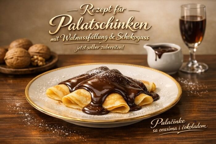Palatschinken mit Walnussfüllung & Schokoguss