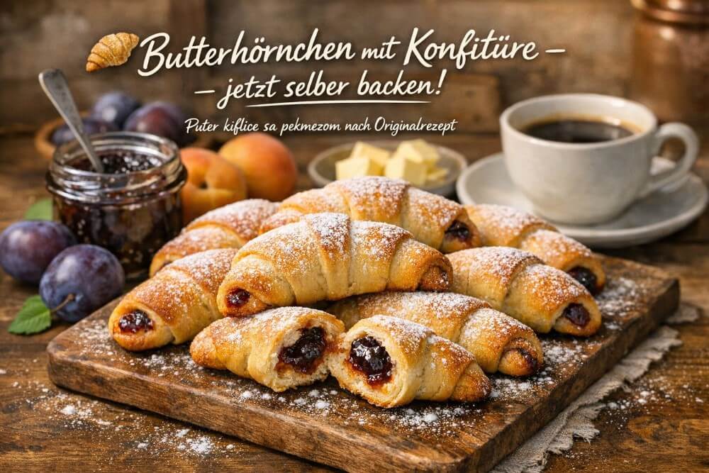 Butterhörnchen mit Konfitüre Puter Kiflice sa Pekmezom frisch gebacken