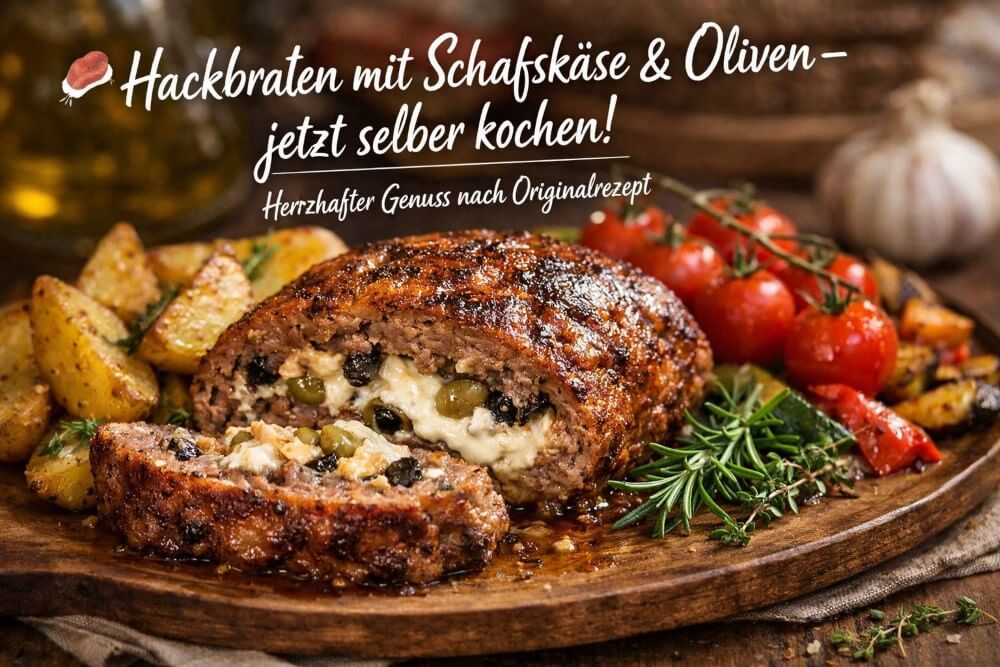 Hackbraten gefüllt mit Schafskäse und Oliven in Scheiben geschnitten