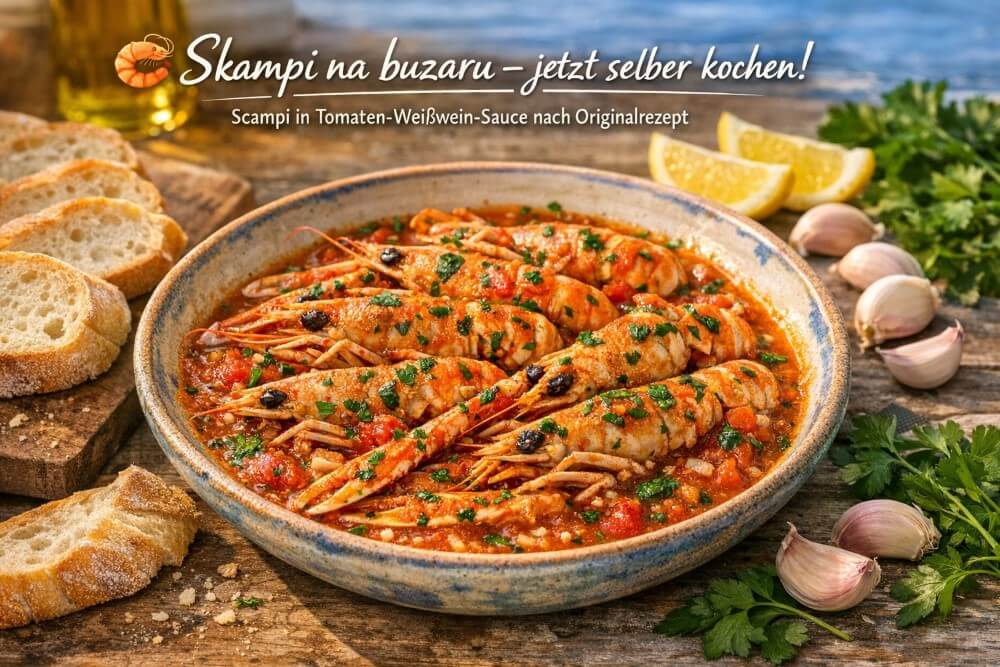 Škampi na buzaru – Scampi in Tomaten-Weißwein-Sauce nach kroatischer Art
