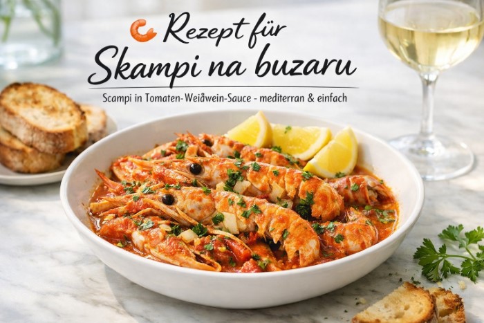 Skampi na buzaru = Scampi in Tomaten-Weißwein-Sauce