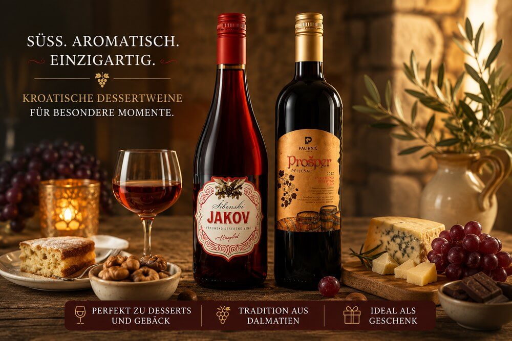 Jakov und Prosper kroatische Dessertweine mit Gebäck und Käse