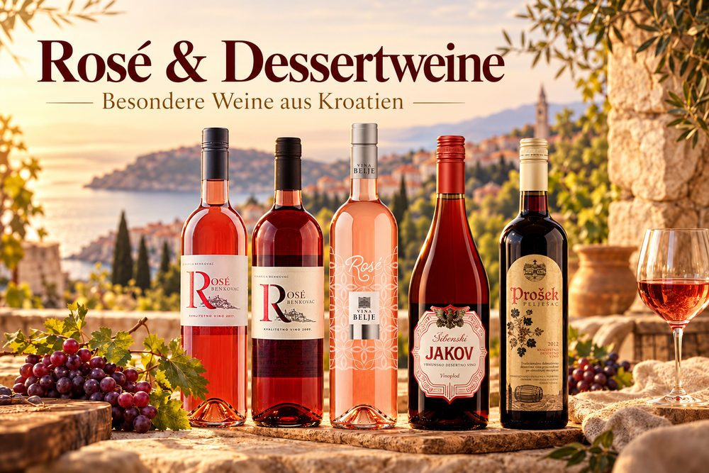 Kroatische Rosé- und Dessertweine – Rosé Benkovac, Belje Rosé, Šibenski Jakov und Prošek Pelješac vor mediterraner Kulisse