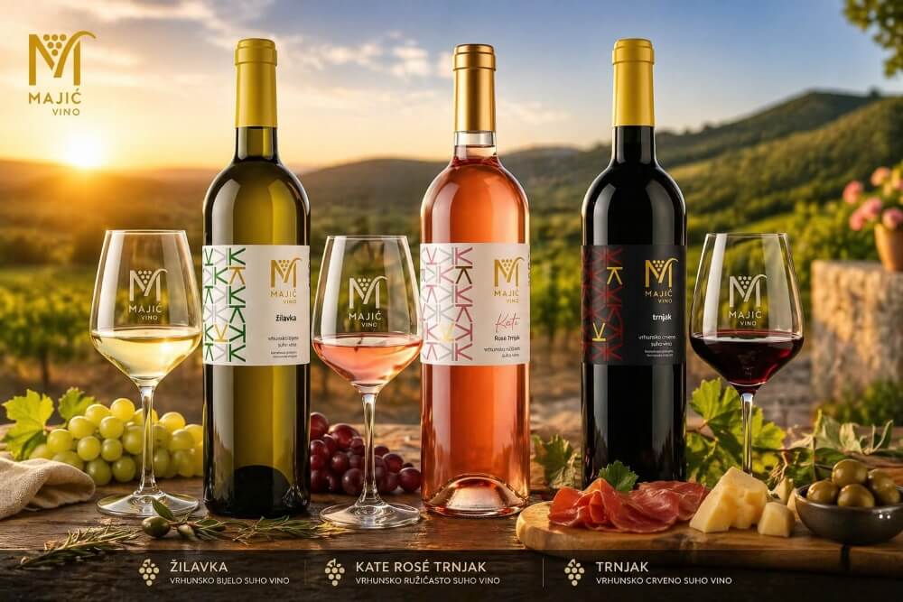 Majić Vino Sortiment mit Žilavka Weißwein, Kate Rosé Trnjak Roséwein und Trnjak Rotwein vor mediterraner Weinberglandschaft