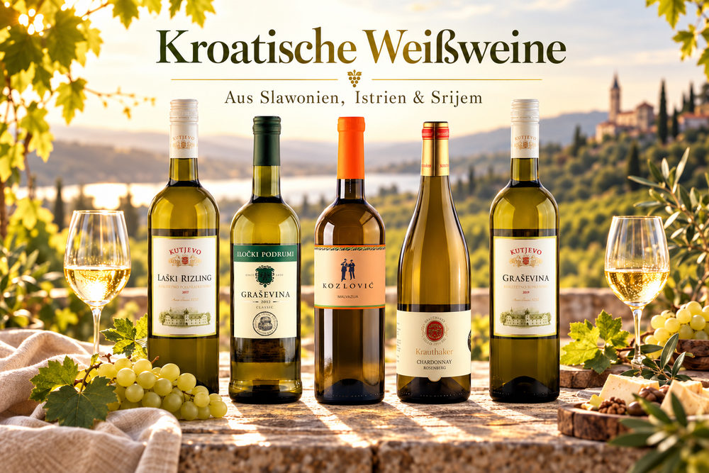 Kroatische Weißweine – Kutjevo Laški Rizling, Iločki Podrumi Graševina, Kozlović Malvazija, Krauthaker Chardonnay und Kutjevo Graševina