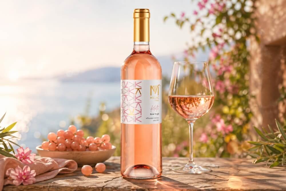 Flasche Majić Vino Kate Rosé Trnjak Roséwein mit Roséglas, Trauben und sommerlicher Küstenlandschaft an der Adria